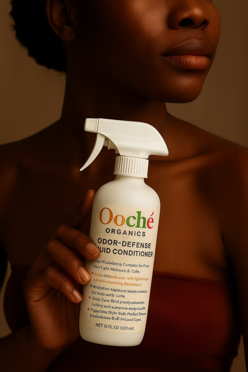 Person holding a bottle of Ooche Organics Odor-Defense product against a neutral background