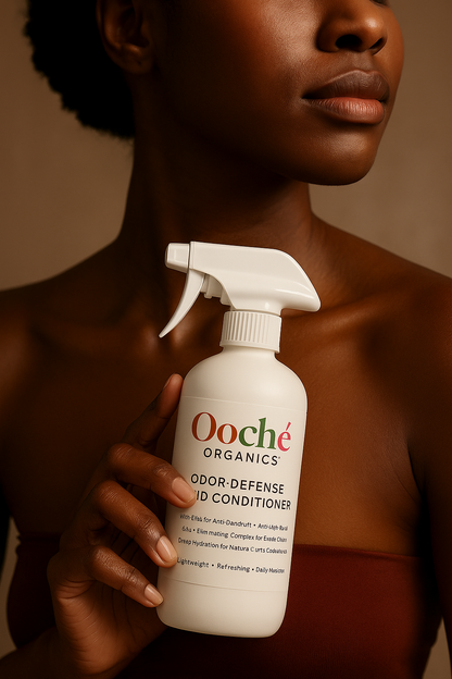 Person holding a bottle of Ooche Organics Odor-Defense Conditioner against a brown backgroundOoché Organics Odor-Defense Liquid Conditioner bottle front”
Odor-Defense Liquid Conditioner ingredients label Hydrating liquid conditioner for natural hair curls coils locs