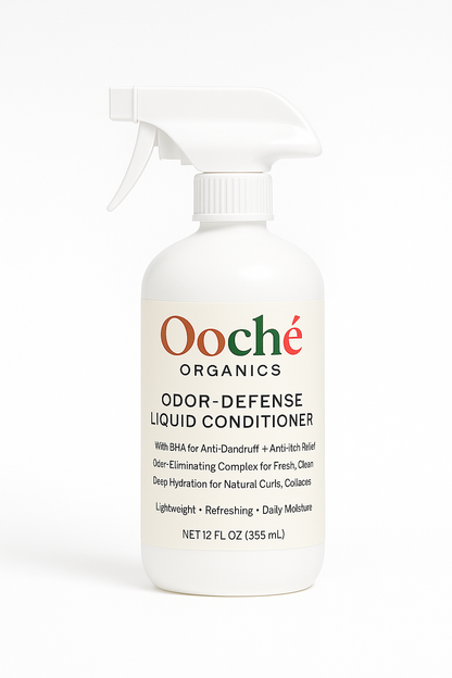 Ooché Organics Odor-Defense Liquid Conditioner bottle front”

“Odor-Defense Liquid Conditioner ingredients label”

“Hydrating liquid conditioner for natural hair curls coils locs”