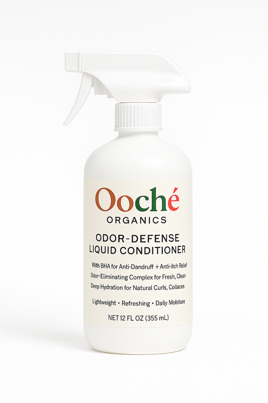Ooché Organics Odor-Defense Liquid Conditioner bottle front”

“Odor-Defense Liquid Conditioner ingredients label”

“Hydrating liquid conditioner for natural hair curls coils locs”