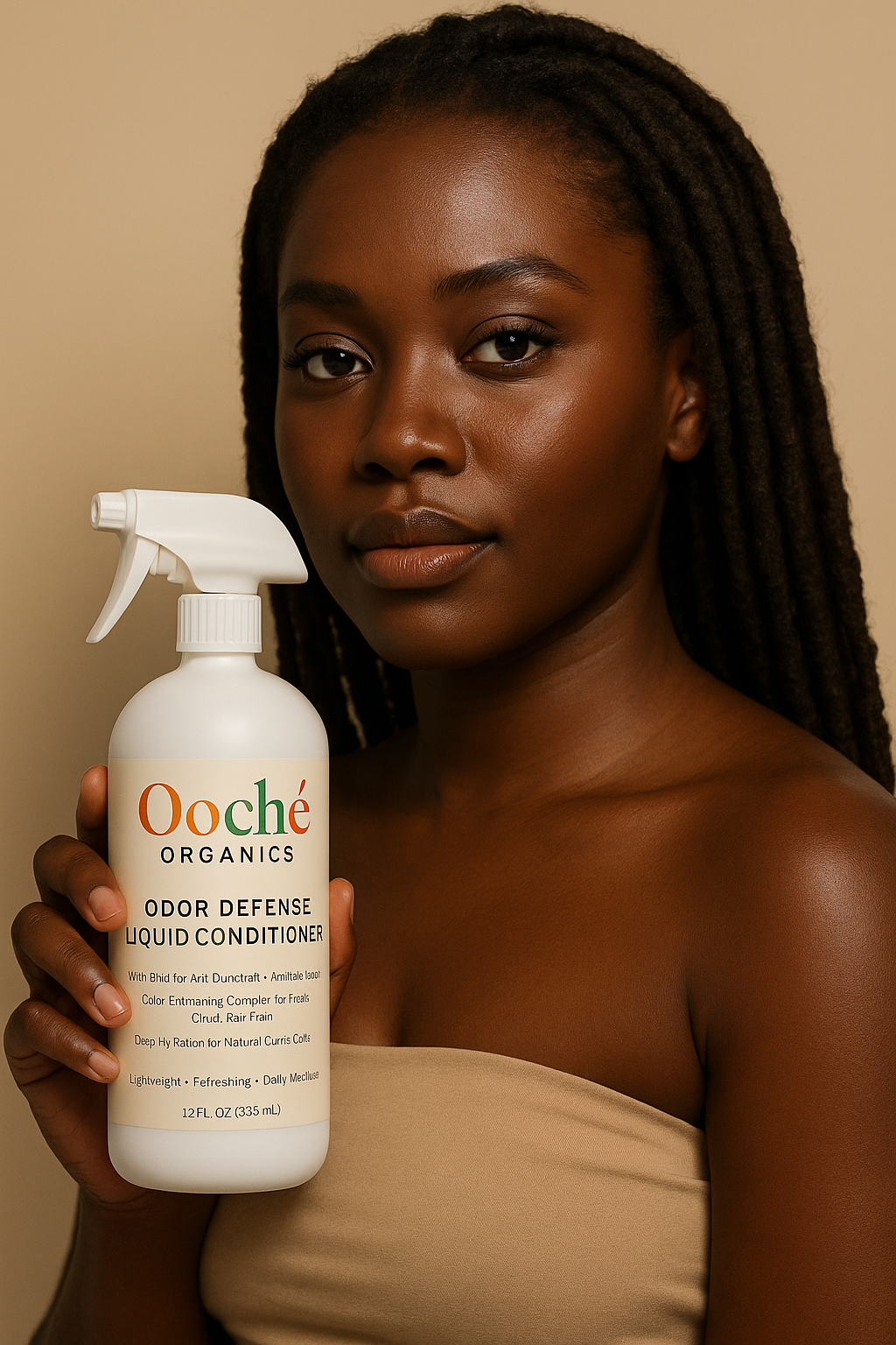 Woman holding a bottle of Ooche Organics odor defense liquid conditioner against a beige background
Ooché Organics Odor-Defense Liquid Conditioner bottle front
Odor-Defense Liquid Conditioner ingredients label
Hydrating liquid conditioner for natural hair curls coils locs