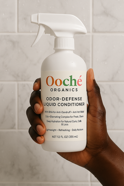 Ooche Organics odor-defense liquid conditioner bottle held in a hand against a tiled wall backgroundOoché Organics Odor-Defense Liquid Conditioner bottle front

Odor-Defense Liquid Conditioner ingredients label

Hydrating liquid conditioner for natural hair curls coils locs