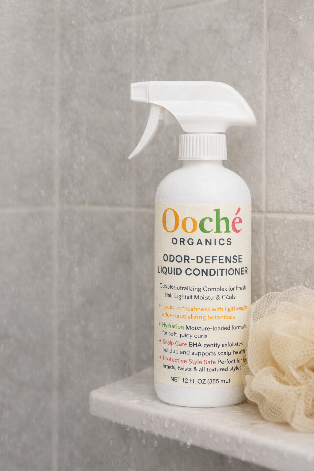 Ooche Organics odor-defense liquid conditioner bottle on a bathroom shelf with a loofah.