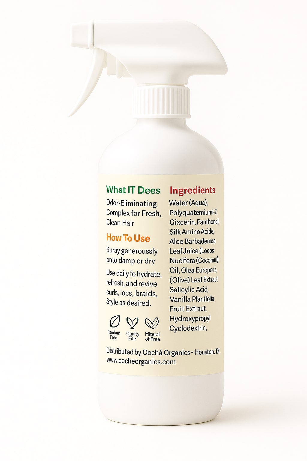 White spray bottle with a label on a white background